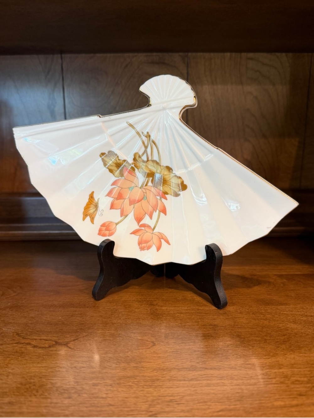 Vintage Japanese Fan Trinket Dish Porcelain Butterfly Flowers Gold Tray 10”